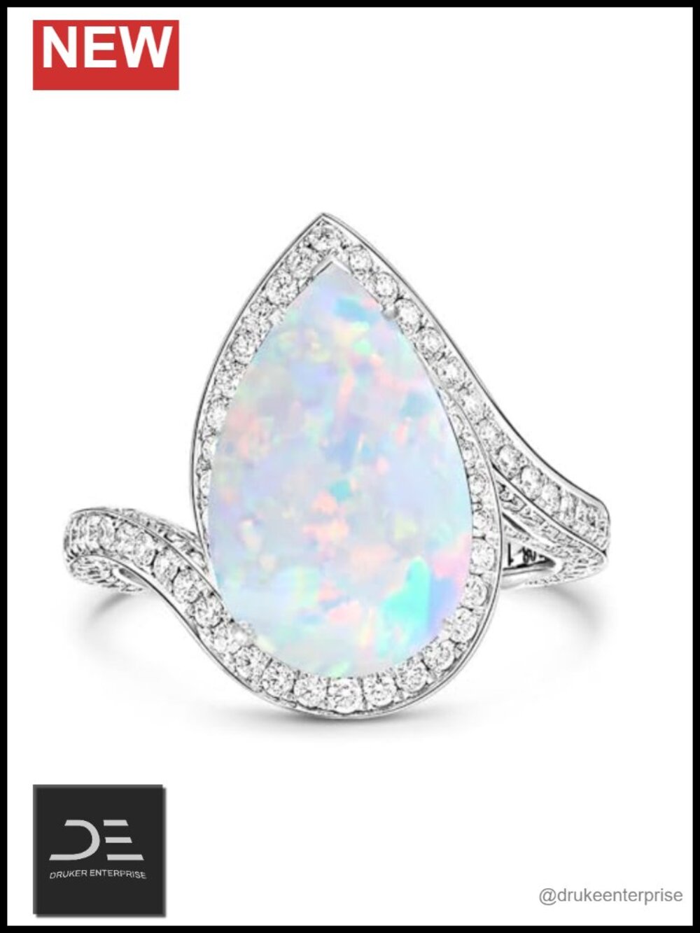 925 Sterling Silver Pear Opal Halo Ring Moissanite White Stone Engagement